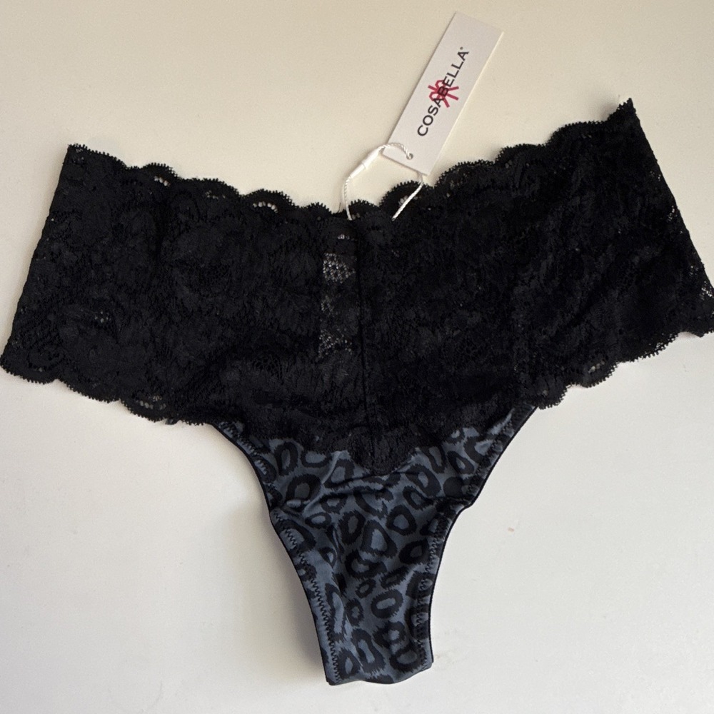 Cosabella Womens Lace Thong Panties Black/Gray Leopard Print sz S/M